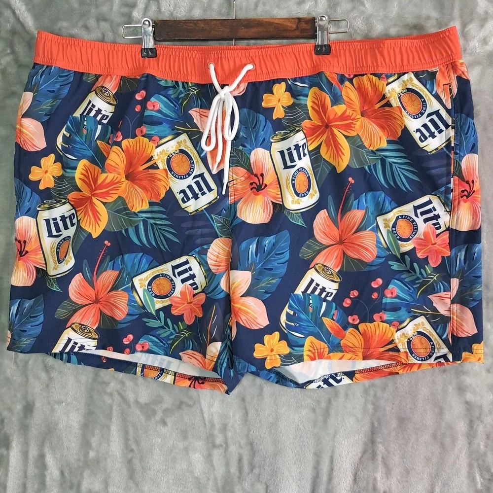 Miller Lite Tropical Floral Swim Board Shorts Above The Knee Men's Size 3XL NWT